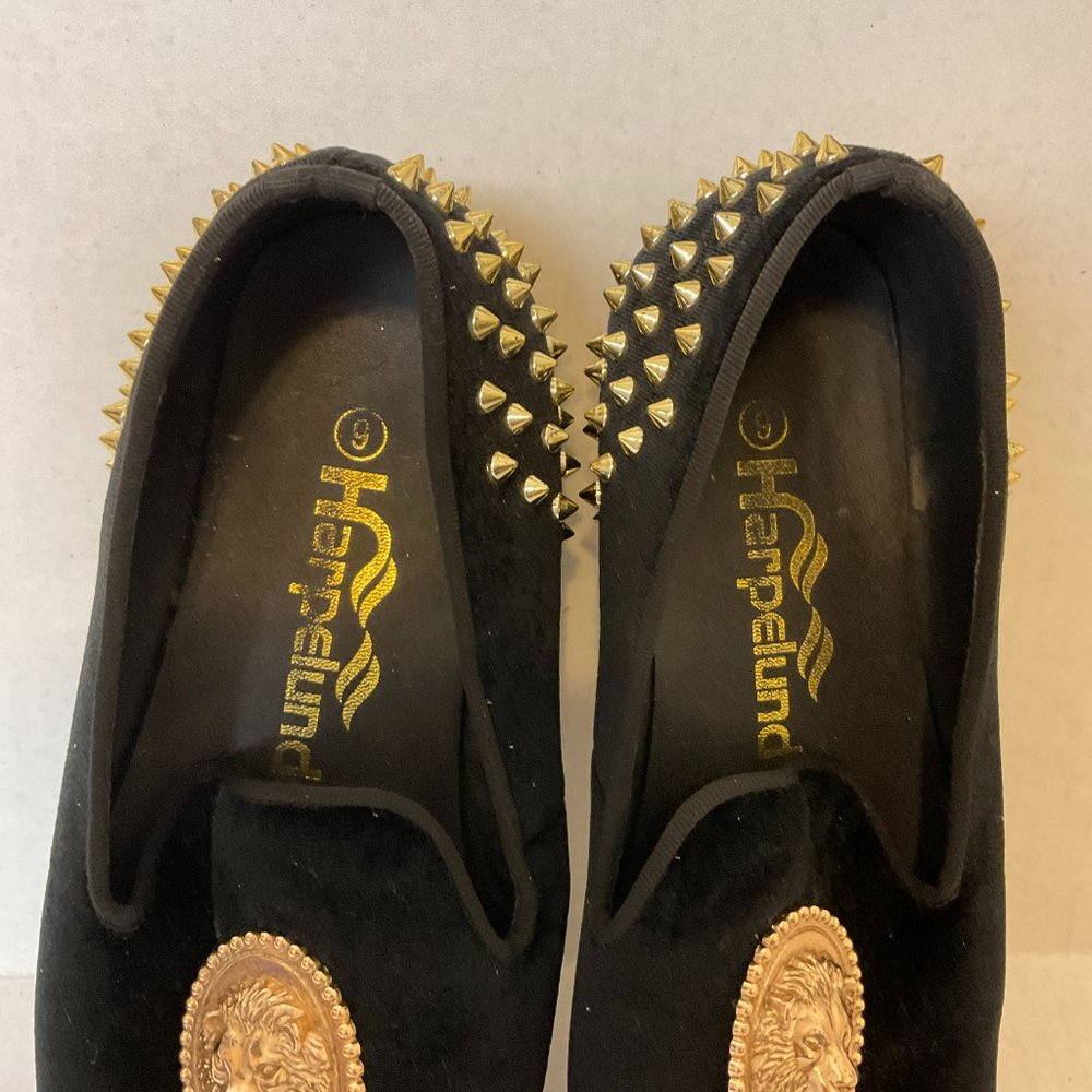 Harpelunde Velvet Loafers Men's 9 Black Gold Spikes Décor - Picture 3 of 10